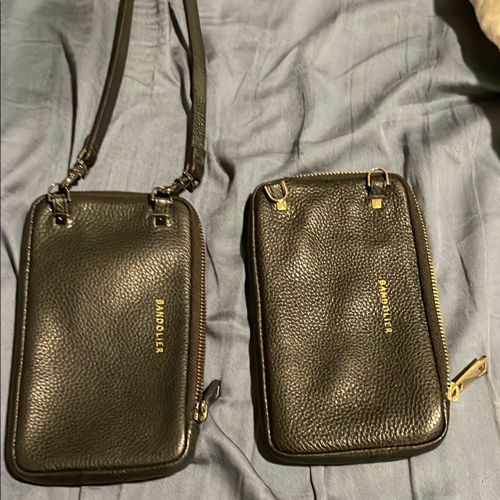 Bandolier Black Leather Phone Pouch with Gold Details
